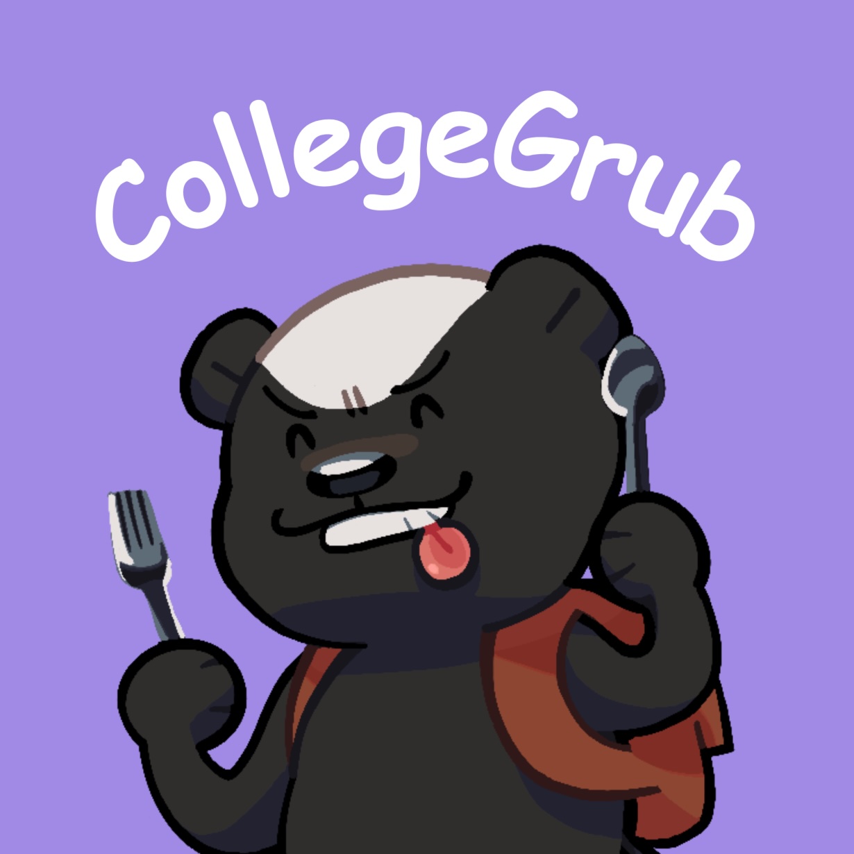 A badger with a backpack holding a fork and spoon in each hand.