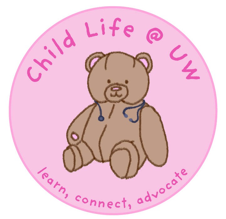 Child Life @ UW learn, connect, advocate. A pink circle with a brown teddy bear in it.